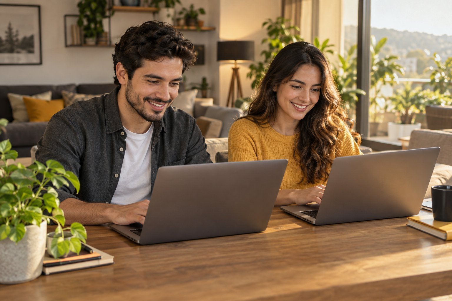 Un hombre y una mujer usando sus laptops juntos en un ambiente agradable de casa